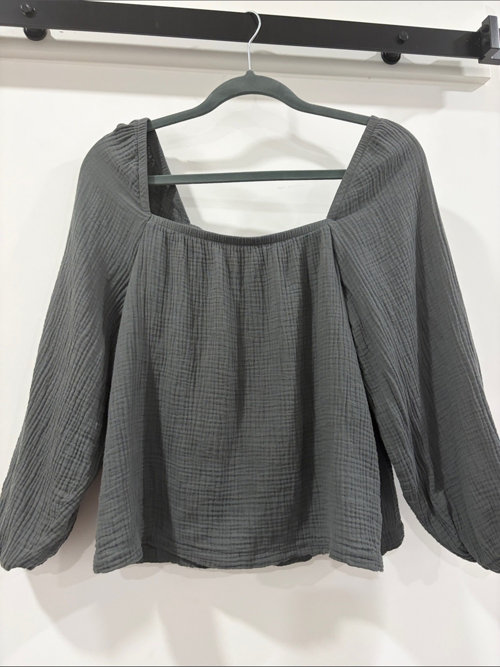 cloth & stone Green Gray Square-Neck Gauze 100% Cotton Peasant Blouse